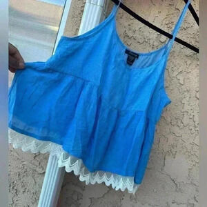 Timing size large sky blue and white tank top spaghetti strap lace accent
